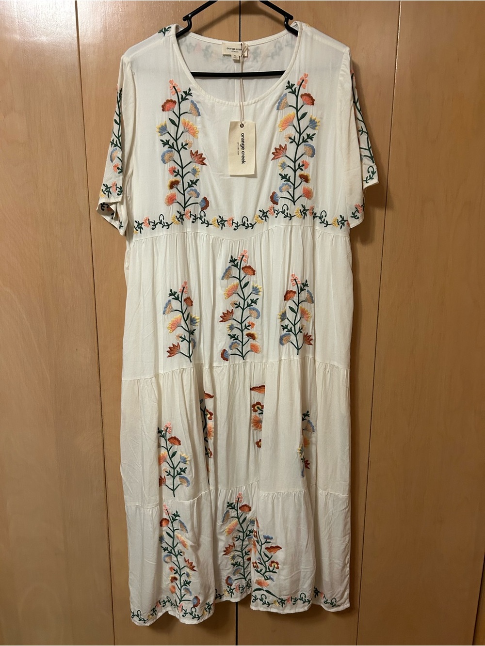 orange creek White Maxi Dress with Multicolor Floral Embroidery